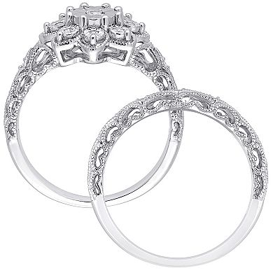 Stella Grace Sterling Silver 1/10 Carat T.W. Diamond Vintage Engagement Ring Set
