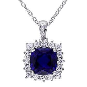 Stella Grace Sterling Silver Lab Created Blue Sapphire, Lab Created White Sapphire & Diamond Accent Halo Pendant Necklace