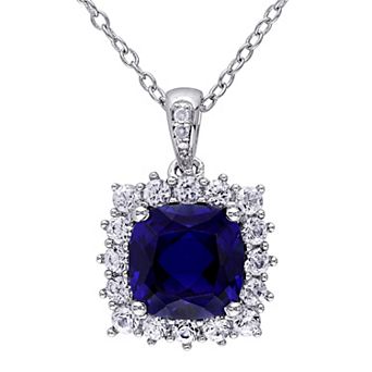 Stella Grace Sterling Silver Lab Created Blue Sapphire, Lab Created White Sapphire & Diamond Accent Halo Pendant Necklace