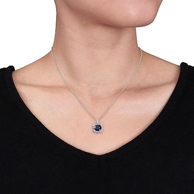 Stella Grace Sterling Silver Lab Created Blue Sapphire, Lab Created White Sapphire & Diamond Accent Halo Pendant Necklace