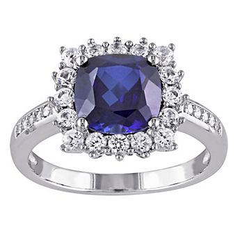 Stella Grace Sterling Silver Lab Created Blue Sapphire, Lab Created White Sapphire & Diamond Accent Halo Ring