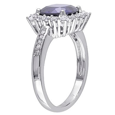 Stella Grace Sterling Silver Lab Created Blue Sapphire, Lab Created White Sapphire & Diamond Accent Halo Ring