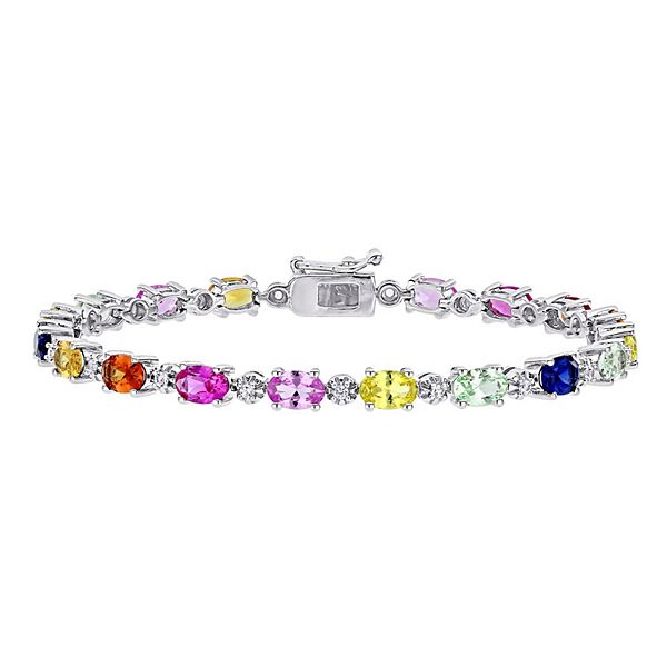 Multi Color Gemstone Heart Shaped Tennis Bracelet Sterling Silver 7