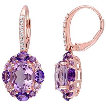 Stella Grace 18k Rose Gold Over Sterling Silver Multi-Amethyst, Rose de France & White Topaz Floral Leverback Earrings