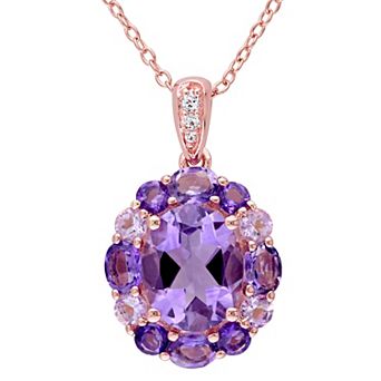 Stella Grace 18k Rose Gold Over Silver Multi-Amethyst, Rose de France Amethyst & White Topaz Floral Pendant Necklace