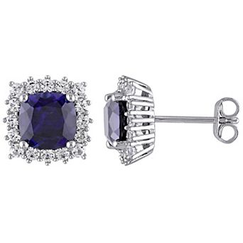 Stella Grace Sterling Silver Lab Created Sapphire Halo Stud Earrings
