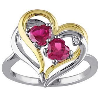 Stella Grace 2-Tone Silver Lab Created Ruby & Diamond Accent Double Heart Ring