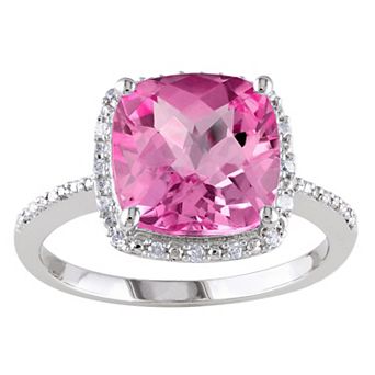 Stella Grace Sterling Silver Lab Created Pink Sapphire & 1/10 Carat T.W. Diamond Halo Ring