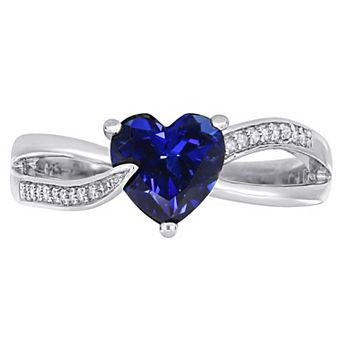 Stella Grace Sterling Silver Lab Created Blue Sapphire & Diamond Accent Heart Crossover Ring