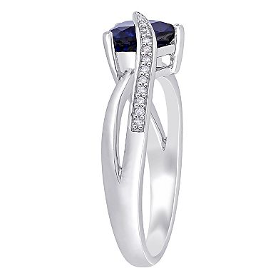 Stella Grace Sterling Silver Lab Created Blue Sapphire & Diamond Accent Heart Crossover Ring