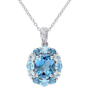 Stella Grace Sterling Silver Multi-Blue Topaz & White Topaz Floral Pendant Necklace