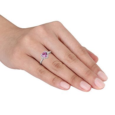 Stella Grace Sterling Silver Lab Created Pink Sapphire & 1/10 Carat T.W. Diamond Heart Halo Ring