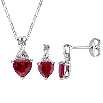Stella Grace Sterling Silver Lab Created Ruby Diamond Accent Heart Twist Pendant Necklace Earring Set