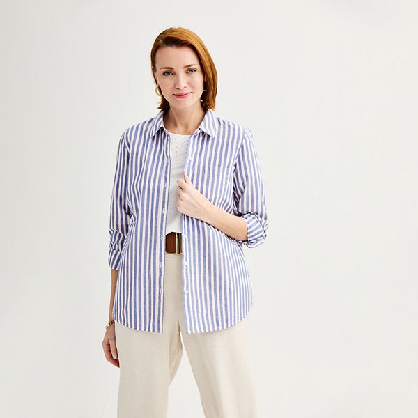 Women's Croft & Barrow&reg; Essential One Pocket Button Down Shirt - Navy Yolk Stripe (LARGE)