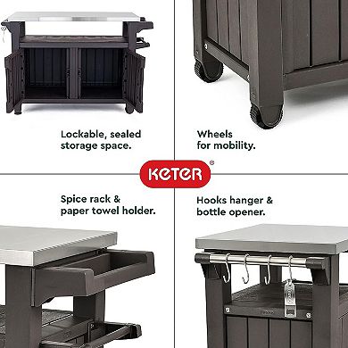 Keter Unity Xl Outdoor Kitchen Rolling Bar Cart With Storage Cabinet, Brown