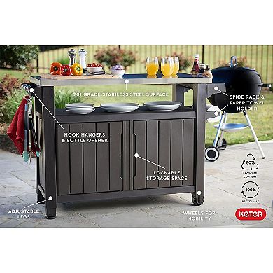 Keter Unity Xl Outdoor Kitchen Rolling Bar Cart With Storage Cabinet, Brown