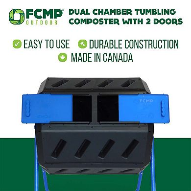 Fcmp Outdoor 37 Gallon Dual Chamber Tumbling Composter Bin With 2 Doors, Blue