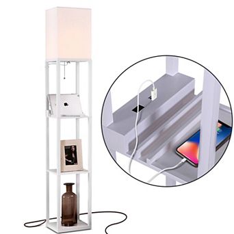Brightech Maxwell Standing Tower Floor Lamp with Shelves and USB Port, White
