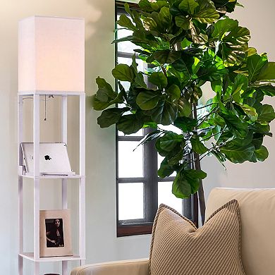 Brightech Maxwell Standing Tower Floor Lamp with Shelves and USB Port, White