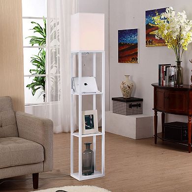 Brightech Maxwell Standing Tower Floor Lamp with Shelves and USB Port, White