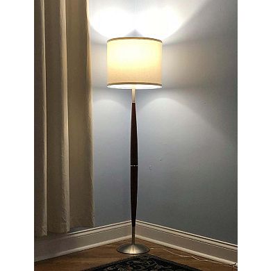 Brightech Lucas Tall Free Standing LED Mid Century Wood Floor Lamp w/ Drum Shade