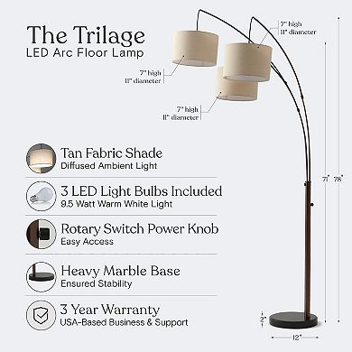 Brightech Trilage 9.5 Watt LED Bulb 3 Lights with Shades Arc Floor Lamp, Bronze