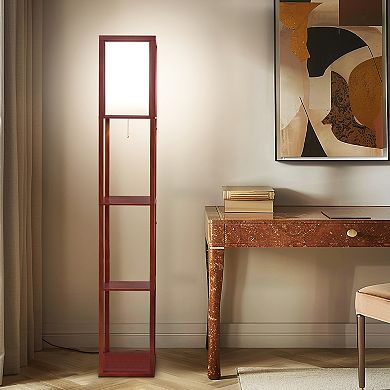 Brightech Maxwell Standing Tower Floor Lamp with Shelves and LED Light, Walnut