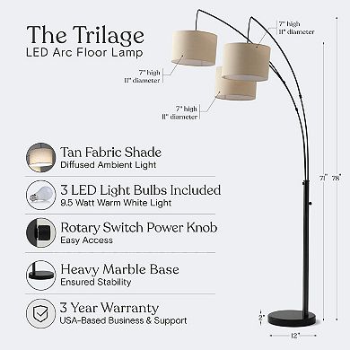 Brightech Trilage 9.5 Watt LED Bulb 3 Lights with Shades Arc Floor Lamp, Black