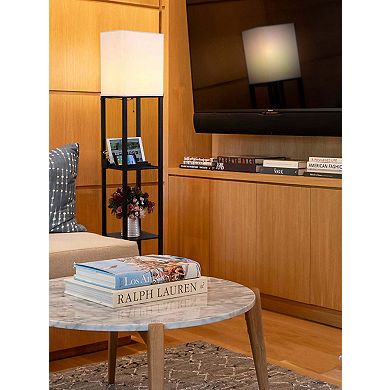 Brightech Maxwell Standing Tower Floor Lamp with Shelves and USB Port, Black