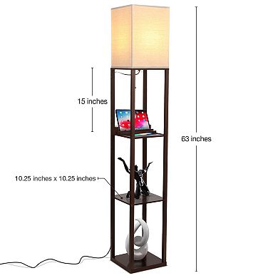 Brightech Maxwell Standing Tower Floor Lamp with Shelves and USB Port, Brown