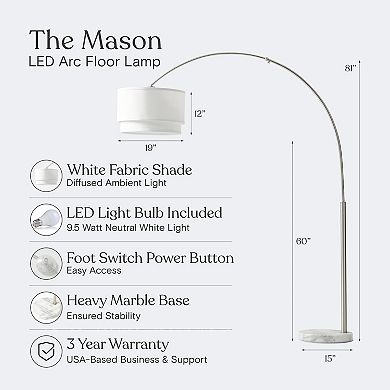 Brightech Mason 81" Led Contemporary Arc Floor Lamp With Marble Base