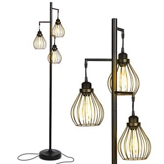 Brightech Teardrop Standing Floor LED Light Lamp Pole with 3 Cage Heads, Black