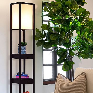 Brightech Maxwell Standing Tower Floor Lamp with Shelves and Drawers, Black