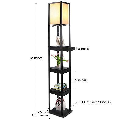 Brightech Maxwell Standing Tower Floor Lamp with Shelves and Drawers, Black