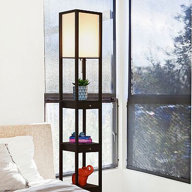 Brightech Maxwell Standing Tower Floor Lamp with Shelves and Drawers, Black