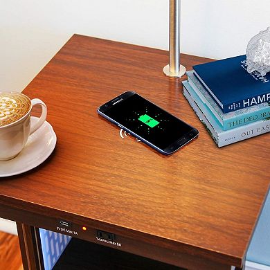 Brightech Madison Table & Led Lamp Combo With Usb Port, Outlet, And Wireless Charging Pad - Brown