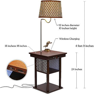 Brightech Madison Table & Led Lamp Combo With Usb Port, Outlet, And Wireless Charging Pad - Brown