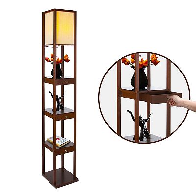 Brightech Maxwell Standing Tower Floor Lamp w Shelves and Drawers Havana Brown