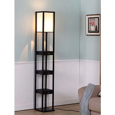 Brightech Maxwell Standing Tower Floor Lamp w/ Shelves and Drawers, Havana Brown