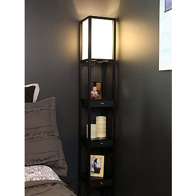 Brightech Maxwell Standing Tower Floor Lamp w/ Shelves and Drawers, Havana Brown