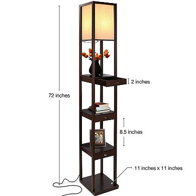 Brightech Maxwell Standing Tower Floor Lamp w/ Shelves and Drawers, Havana Brown