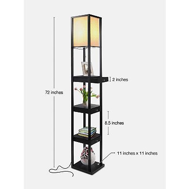 Brightech Maxwell Standing Tower Floor Lamp w/ Shelves and Drawers, Havana Brown