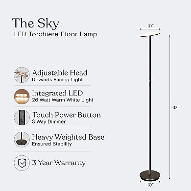 Brightech Sky 63" Super Bright Led Torchiere Modern Floor Lamp With Adjustable Head