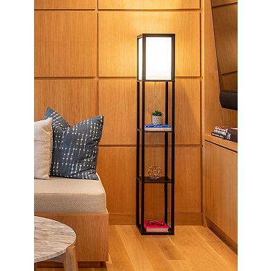 Brightech Maxwell Standing Tower Floor Lamp with Shelves and LED Bulb, Wood