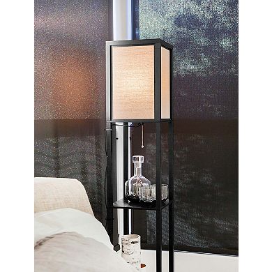 Brightech Maxwell Standing Tower Floor Lamp with Shelves and LED Bulb, Wood