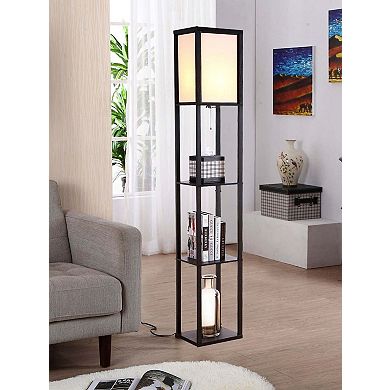 Brightech Maxwell Standing Tower Floor Lamp with Shelves and LED Bulb, Wood