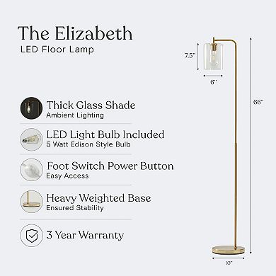 Brightech Elizabeth Industrial Floor Lamp with Glass Shade and Edison Bulb, Gold