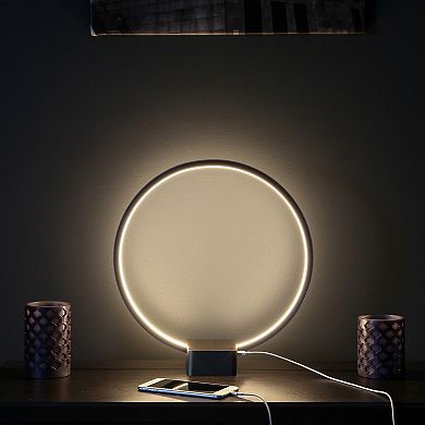 Brightech Circle Table Nightstand Lamp with Dimmer LED Bulb and USB Port, Black
