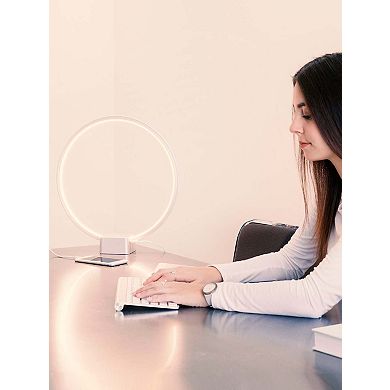 Brightech Circle Table Nightstand Lamp with Dimmer LED Bulb and USB Port, Black