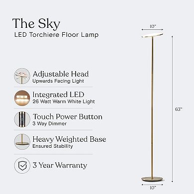 Brightech Sky LED Torchiere Super Bright Standing Touch Sensor Floor Lamp, Brass